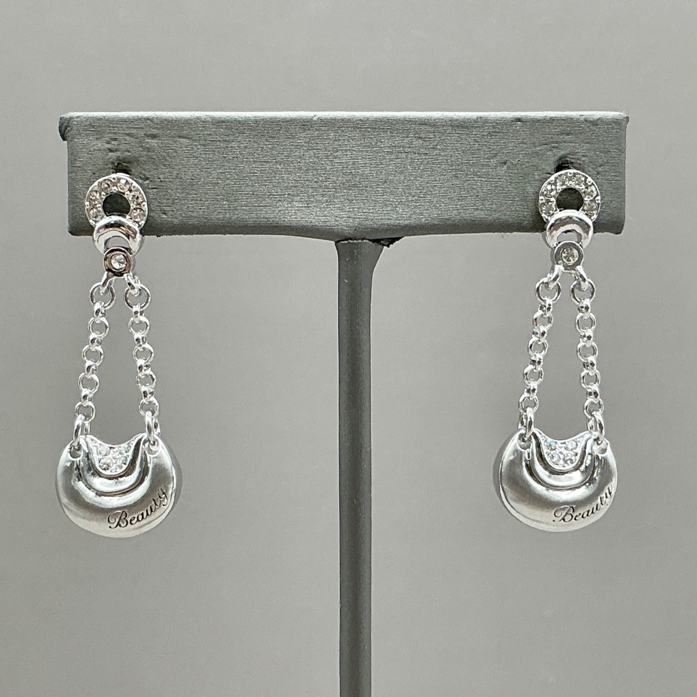 Dangle Drop Earrings Women Silver Tone Beauty Script Rhinestone Accents Fashion